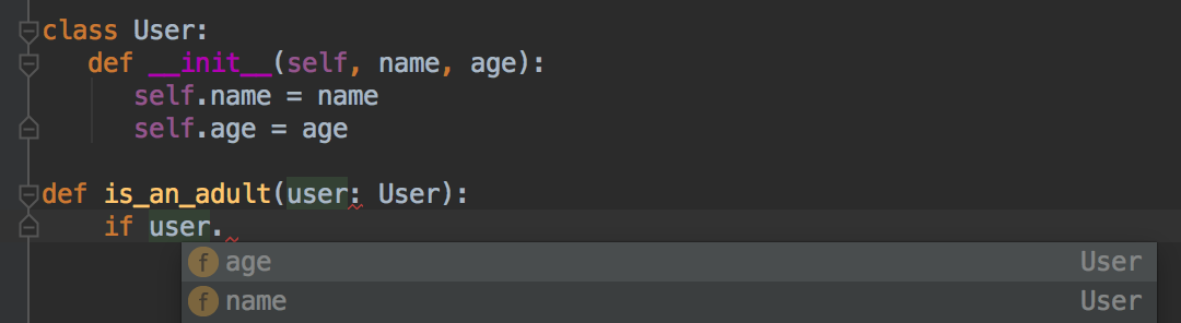 Pycharm autocomplete dropdown on a an instance of a the User class.