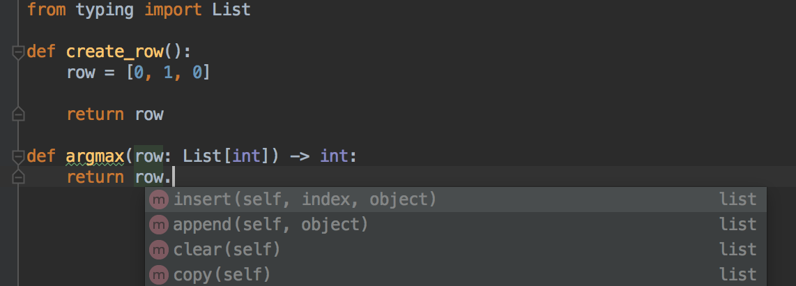 Pycharm autocomplete dropdown on a code with type annotation (`List[int]`) but without a defined variable passed as argument.