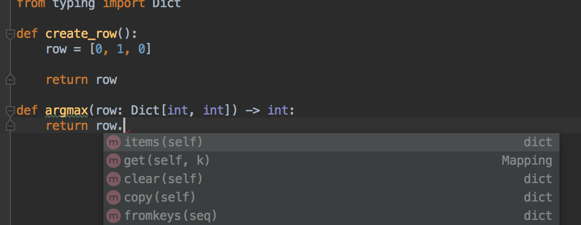 Pycharm autocomplete dropdown on a code with type annotation (`Dict[int, int]`) but without a defined variable passed as argument.